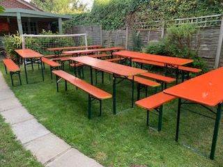 Vintage wooden folding German Oktoberfest beer garden 2.2. metre trestle table and bench set.