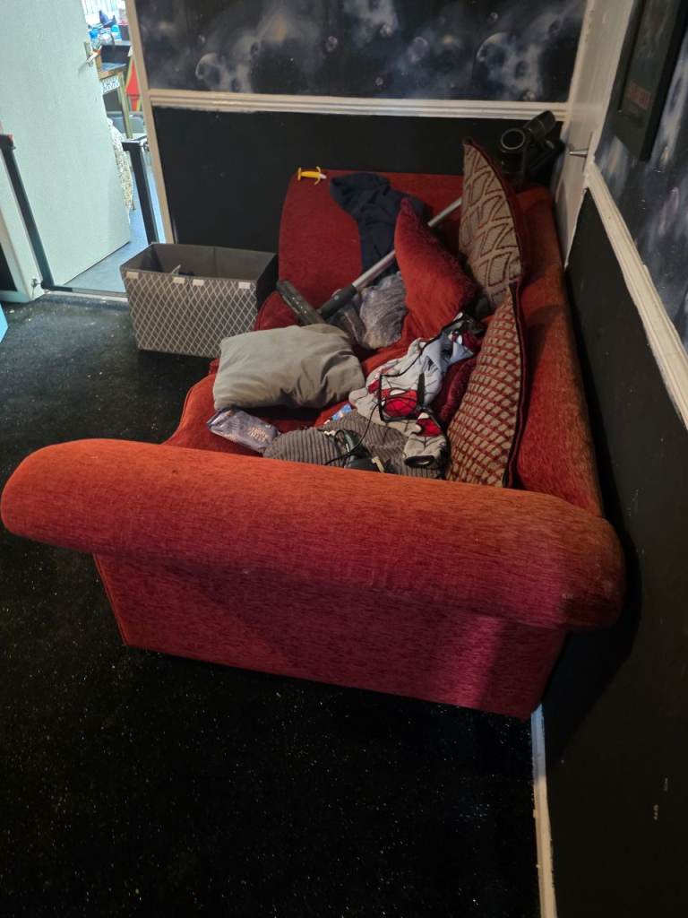 Red Fabric Sofa with Cushions – Fair Condition