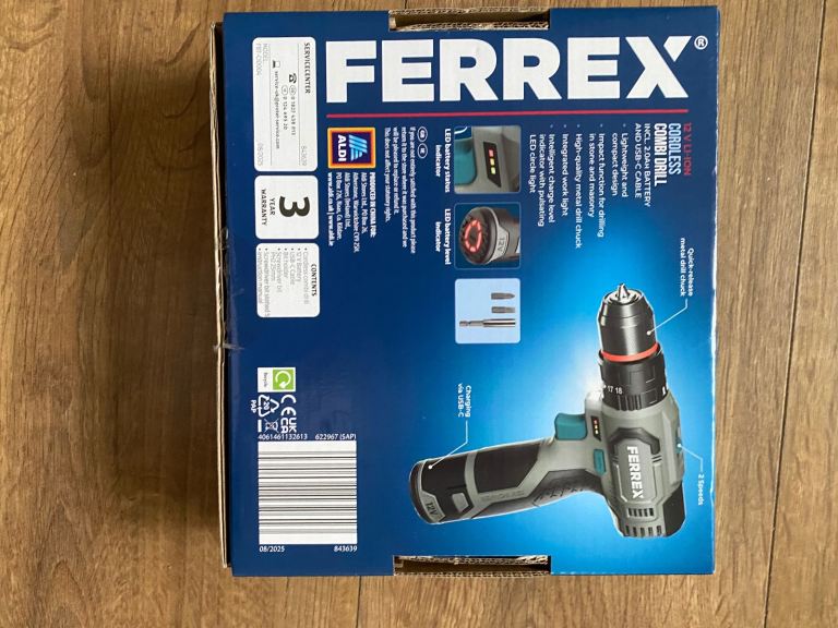 Ferrex 12V Cordless Combi Drill With 2 Batteries & USB-C Charger And Drill Bits