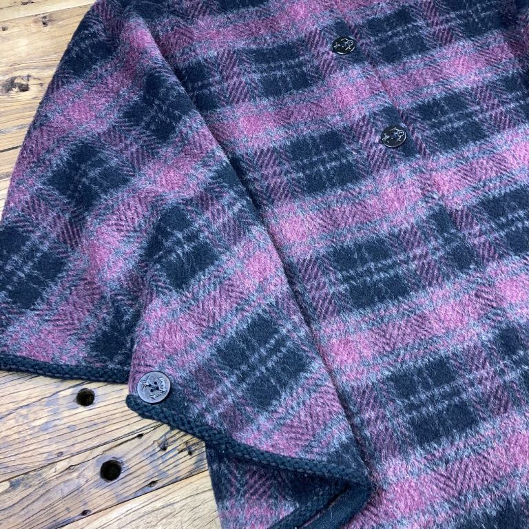 Tartan Blanket Cape Coat Wool Look Anchor Buttons One Size