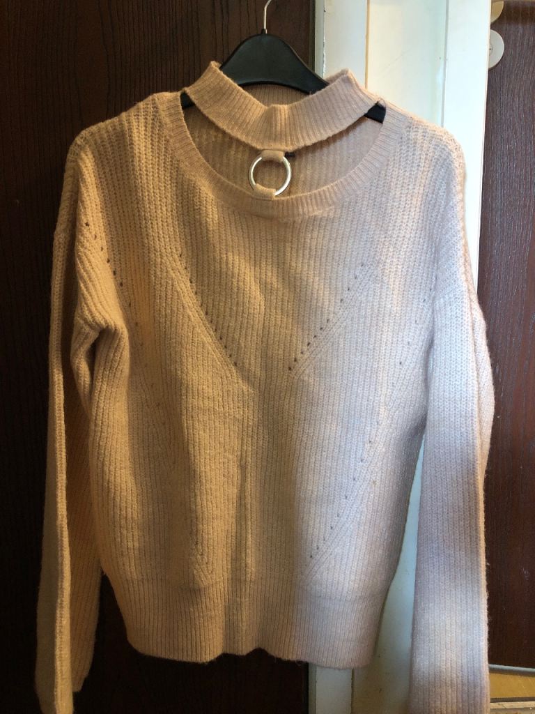 Light Pink Knitted Jumper with Choker Neck Detail – Good Condition