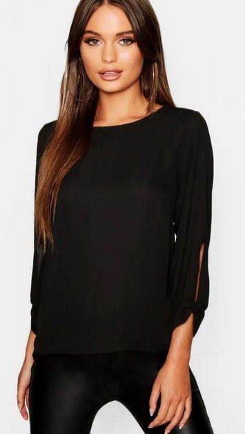 BOOHOO Womens Black Bow Woven Top 3/4 Sleeve Polyester Size 10