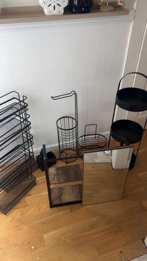 Black Metal Storage Racks, Baskets, and Mirror – Good Condition