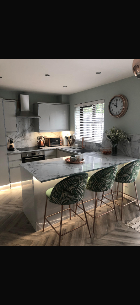 3 x Velvet Breakfast Bar / Kitchen Island Chairs – Green & Rose Gold/Copper – £50 for all 3 