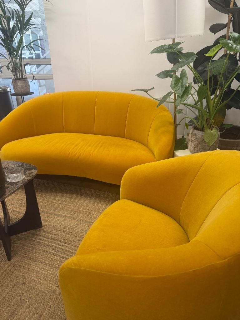 HEALS 2 seater cognac velvet sofa and large armchair 