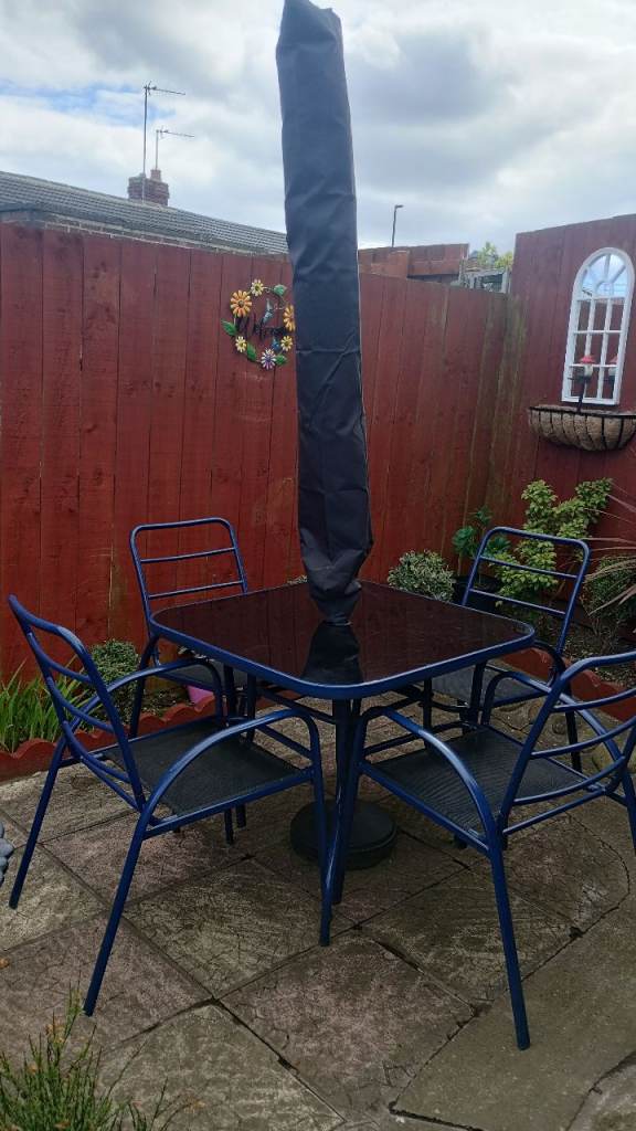 Garden Furniture Table, 4 Chairs, Parasol, Parsaol Cover and Base
