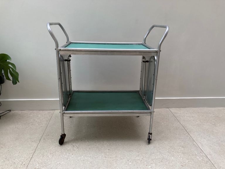 Vintage Mid century trolley - fold out sides. 50s 60s industrial drinks medical. Metal.