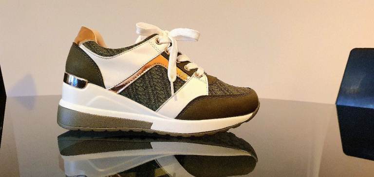 Brand New Ladies size 4 Army Green, White and Gold Wedge Trainers