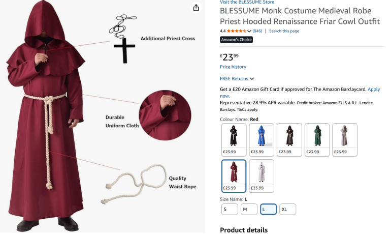 2X - BLESSUME Monk Costume Medieval Robe Priest Hooded Renaissance Friar Cowl Outfit