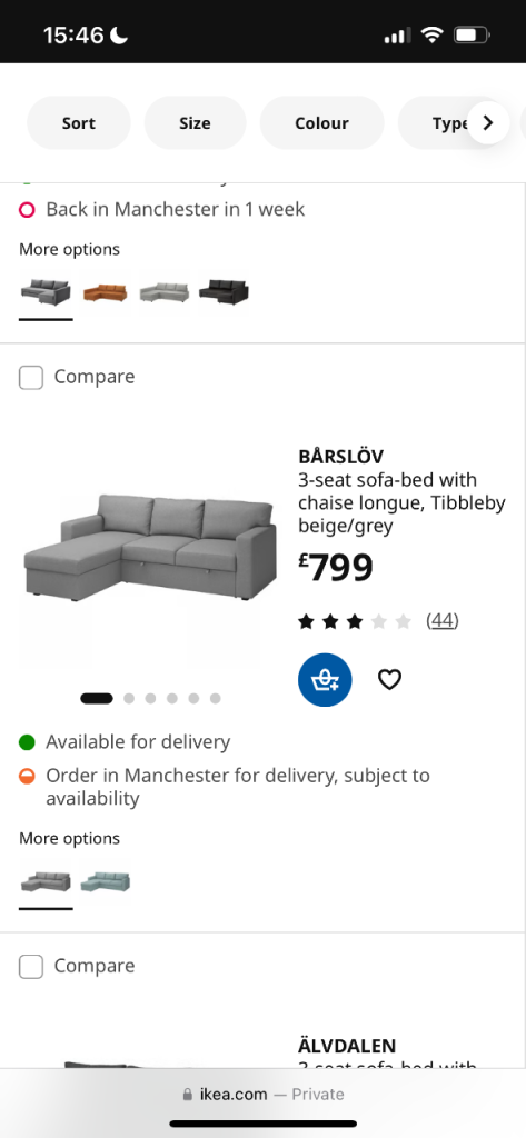 IKEA BÅRSLÖV Sofa Bed – Grey Fabric 3-Seater with Chaise