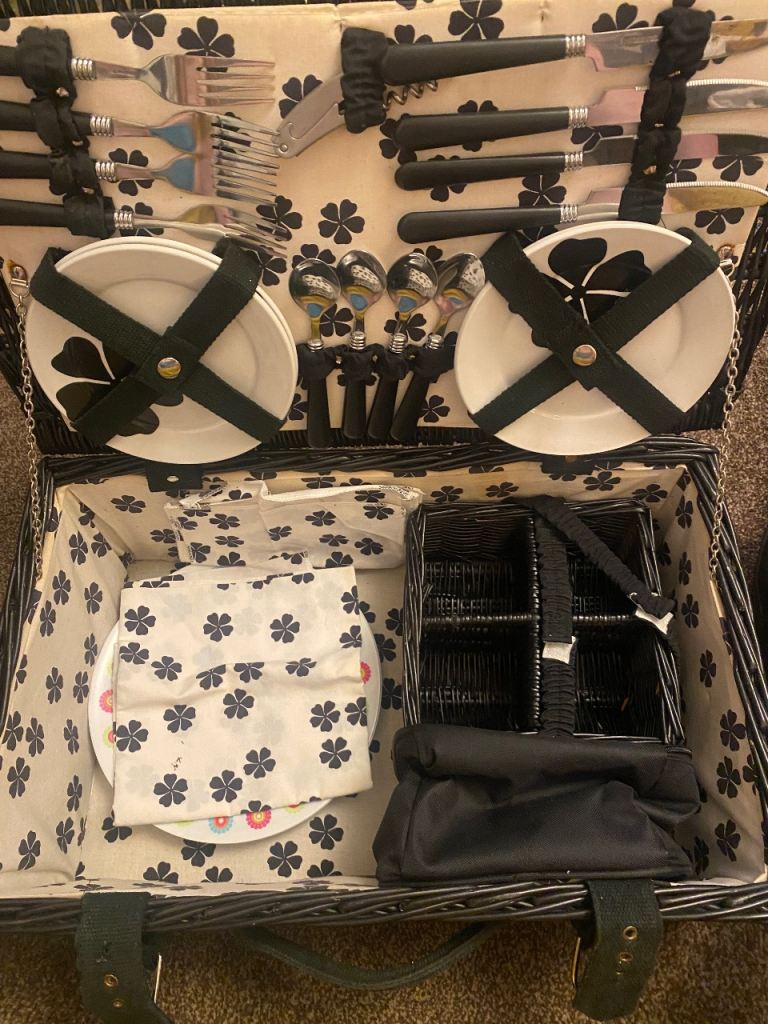 Lovely Black Wicker Picnic Basket with Full Cutlery Set