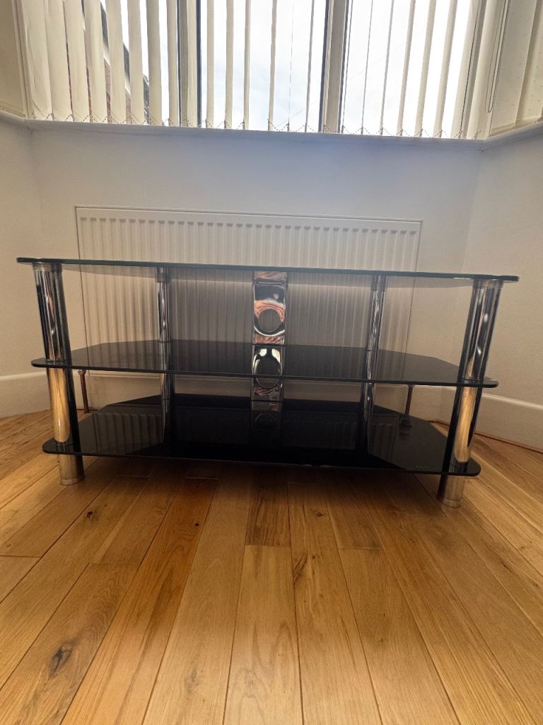 Black Glass TV Stand with Chrome Legs – Good Condition