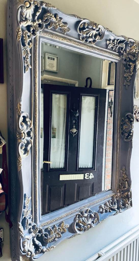 Huge Denim Blue and Gold Ornate Decorative Mirror