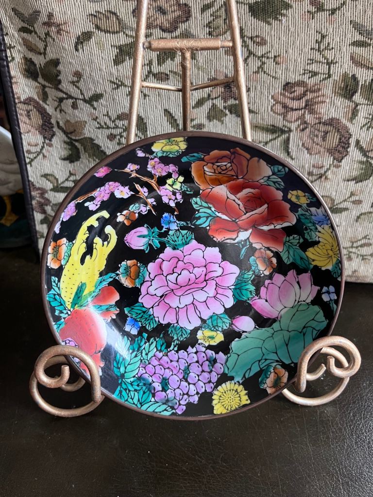 Vintage 60s Porcelain&Brass Handpainted Bowl Wall Plate Floral Pattern Asian ART