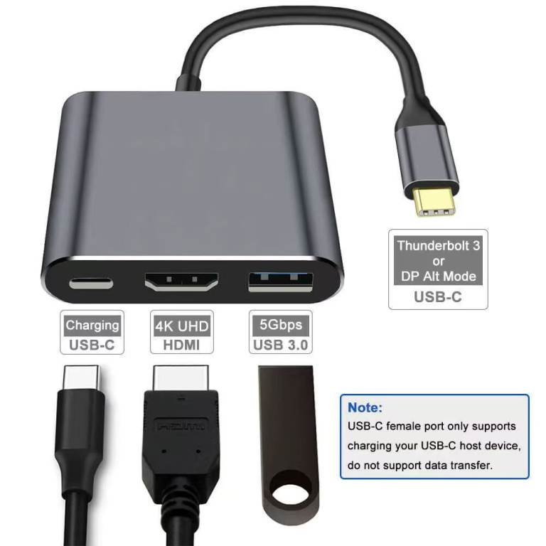 3-in-1 USB-C Hub Type-C Dongle with PD100W + HDMI 4K + USB 3.0