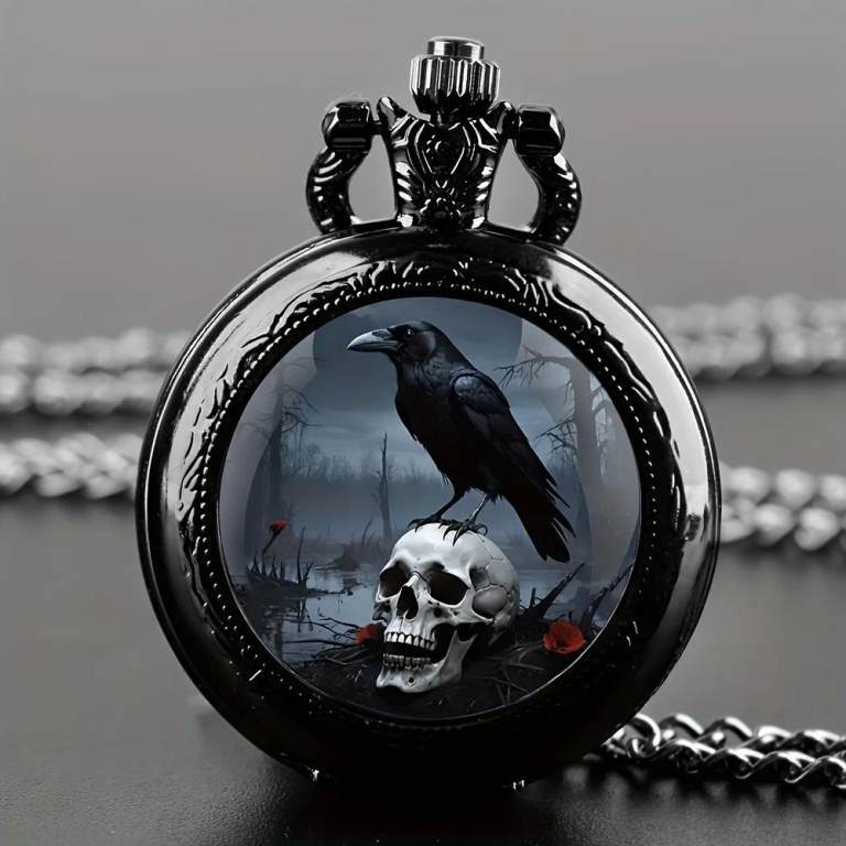 Gothic Crow & Skull Pocket Watch – Mini Vintage Quartz Necklace with Black Chain, Halloween Gift