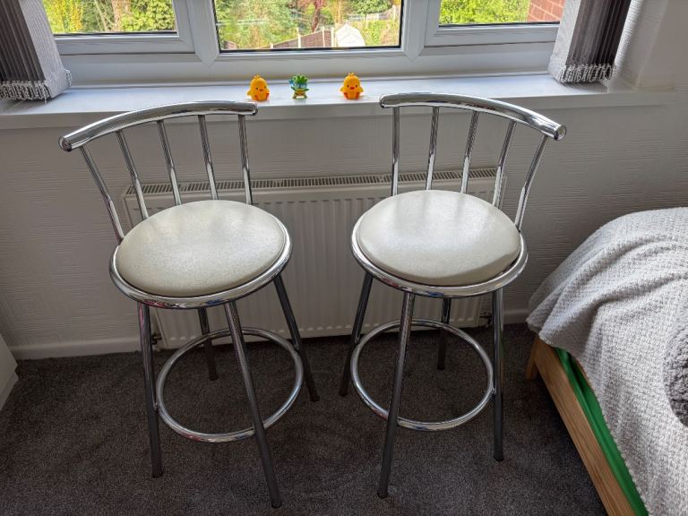 Pair of Chrome Bar Stools with White Padded Seats