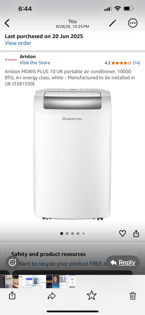 Ariston MOBIS PLUS 10 Portable Air Conditioner - White, A+ Energy