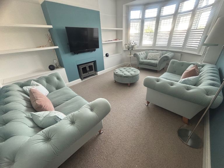 Lovely blue Chesterfield Style Sofas and Footstool Set