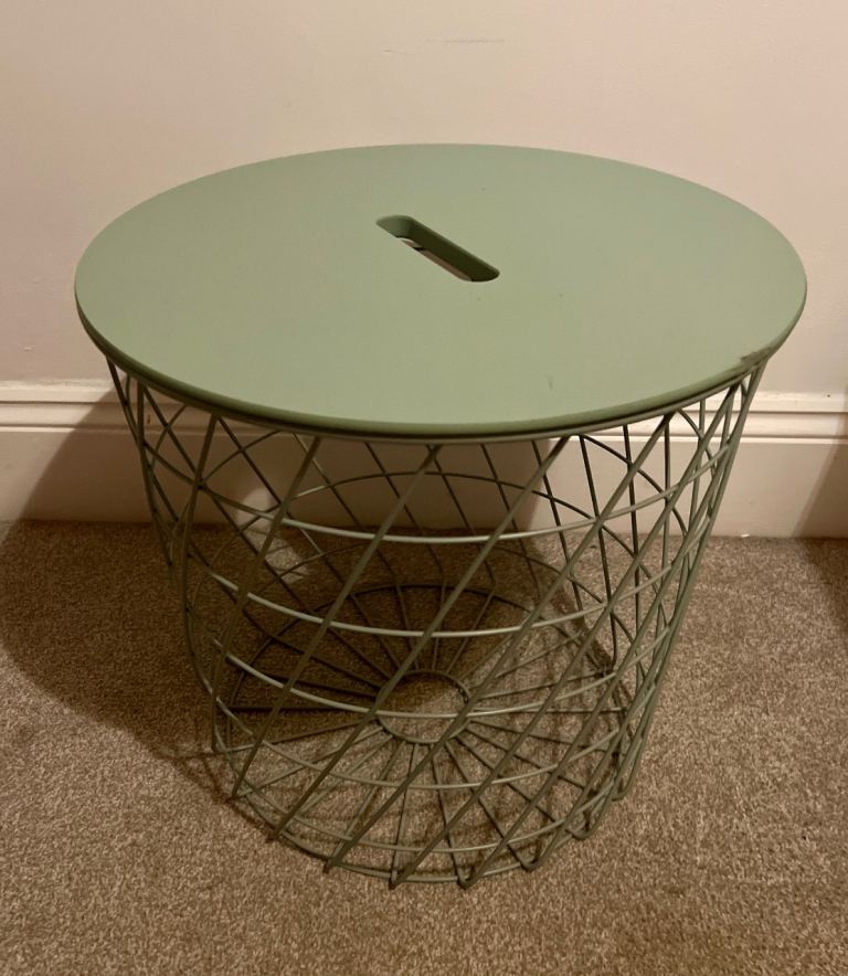 Mint green wire storage basket side table with removable lid (KVISTBRO style)