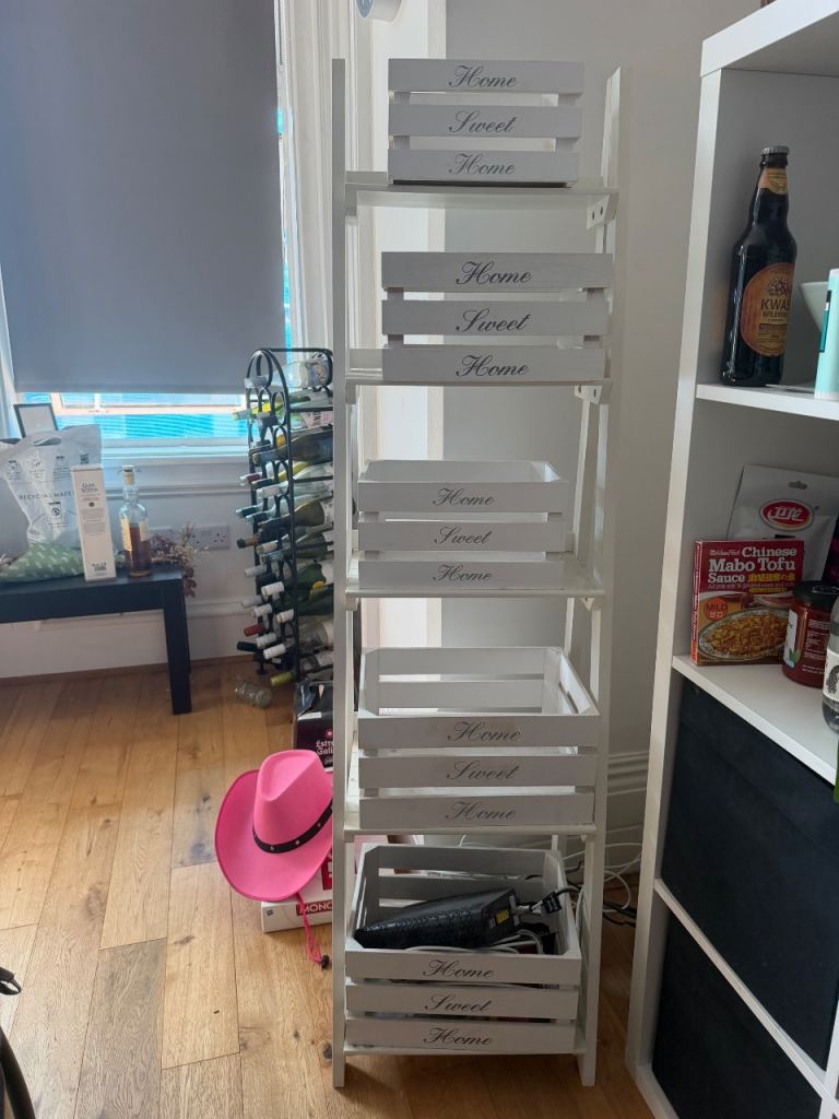 White Wooden Ladder Shelf with Storage Crates