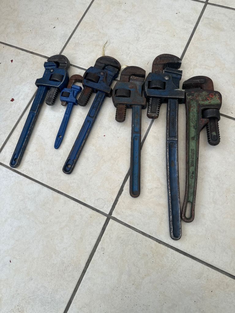 Job Lot of 7 Pipe Wrenches - Various Sizes, Fair Condition