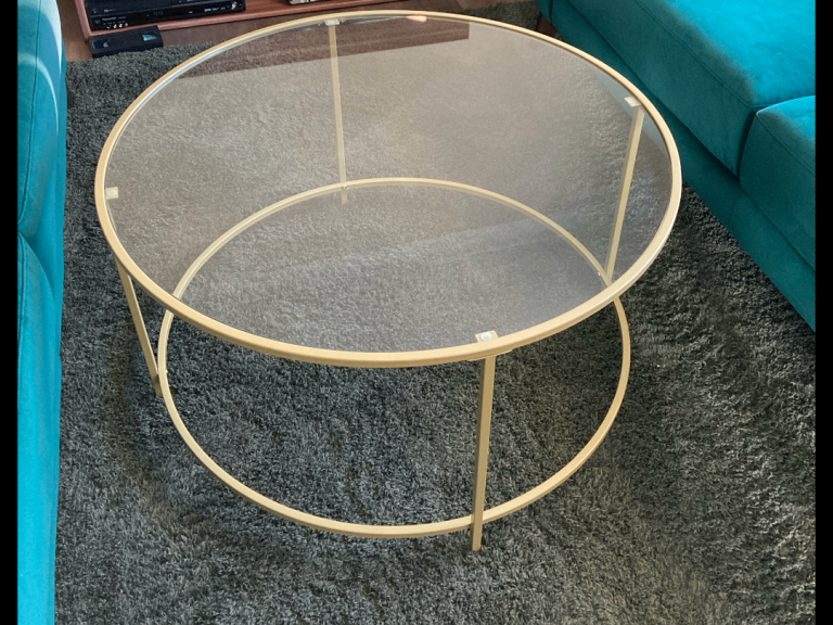Round Gold painted Metal and Glass Coffee Table, New