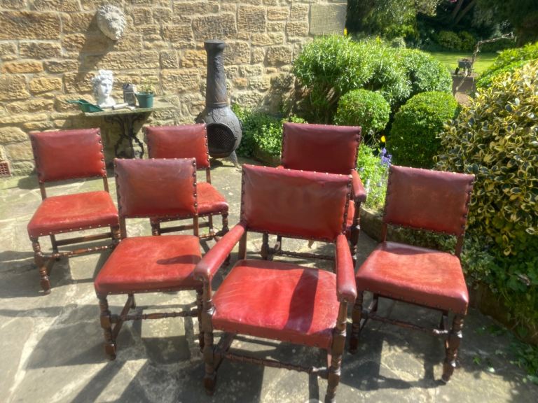 Set of 6 Red Leather brass and wood dining chairs antique