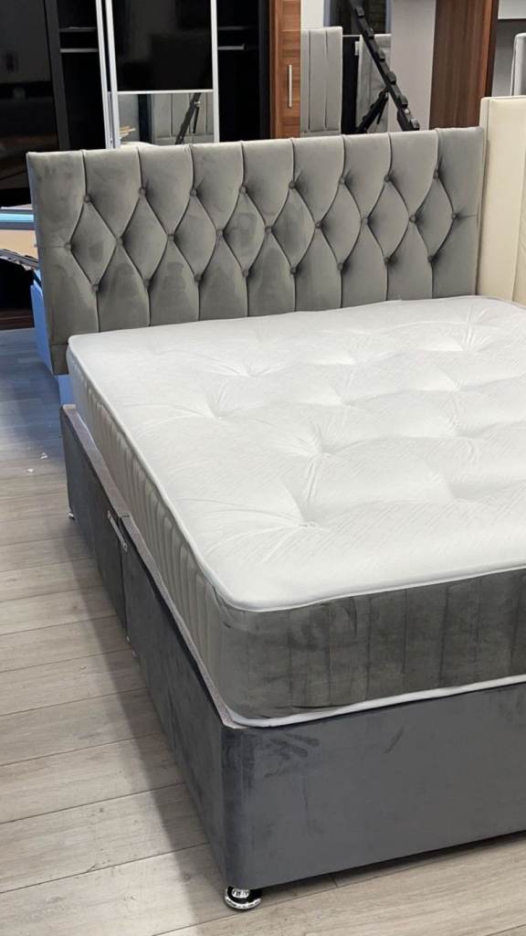 4ft6 Double Plush Velvet Divan Bed Base With Mattress Brand New ORDER NOW Free Home Delivery = =