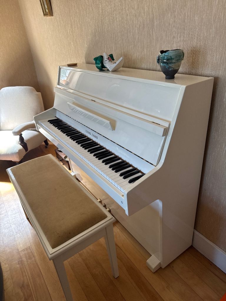 White Young Chang Upright Piano with Matching Stool