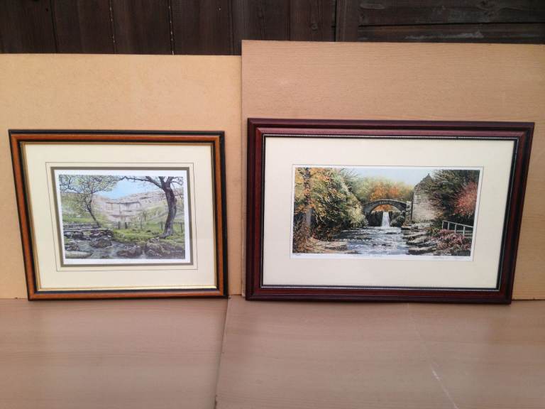 Wooden picture frame landscapes prints country moor fountain scene x 2