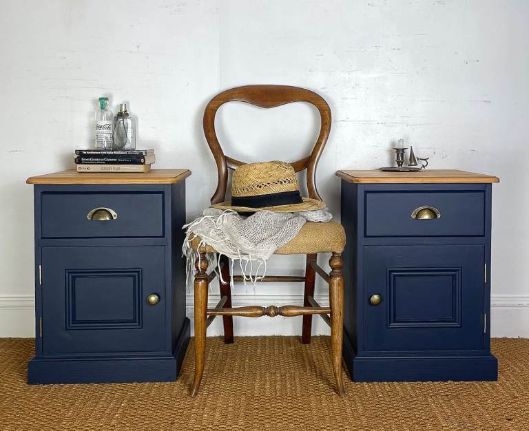 X2 Solid pine pair bedside tables cabinets hand painted deep french navy blue
