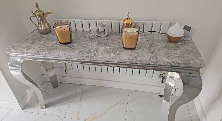 Modern Grey Marble Console Table with Chrome Legs – very Good