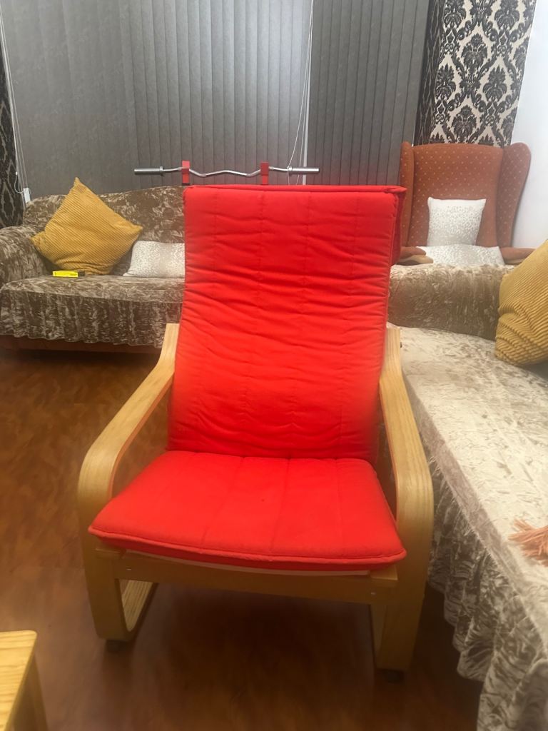 CHEAP Stylish Wooden Lounge Chair with Plush Red Cushion