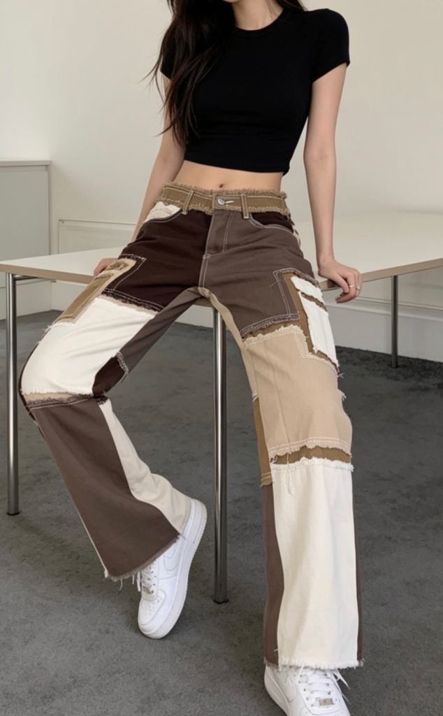 Brown & Neutral Patchwork Wide‑Leg Trousers – Frayed Boho Design