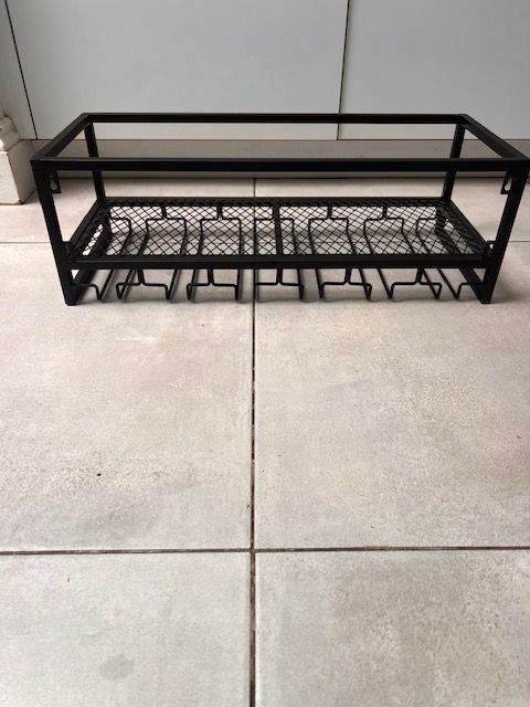 Black metal, wall mounted wine bottle and glass holder