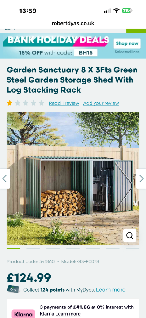Garden 8 X 3Fts Green Steel Garden Storage Shed With Log Stacking Rack New 