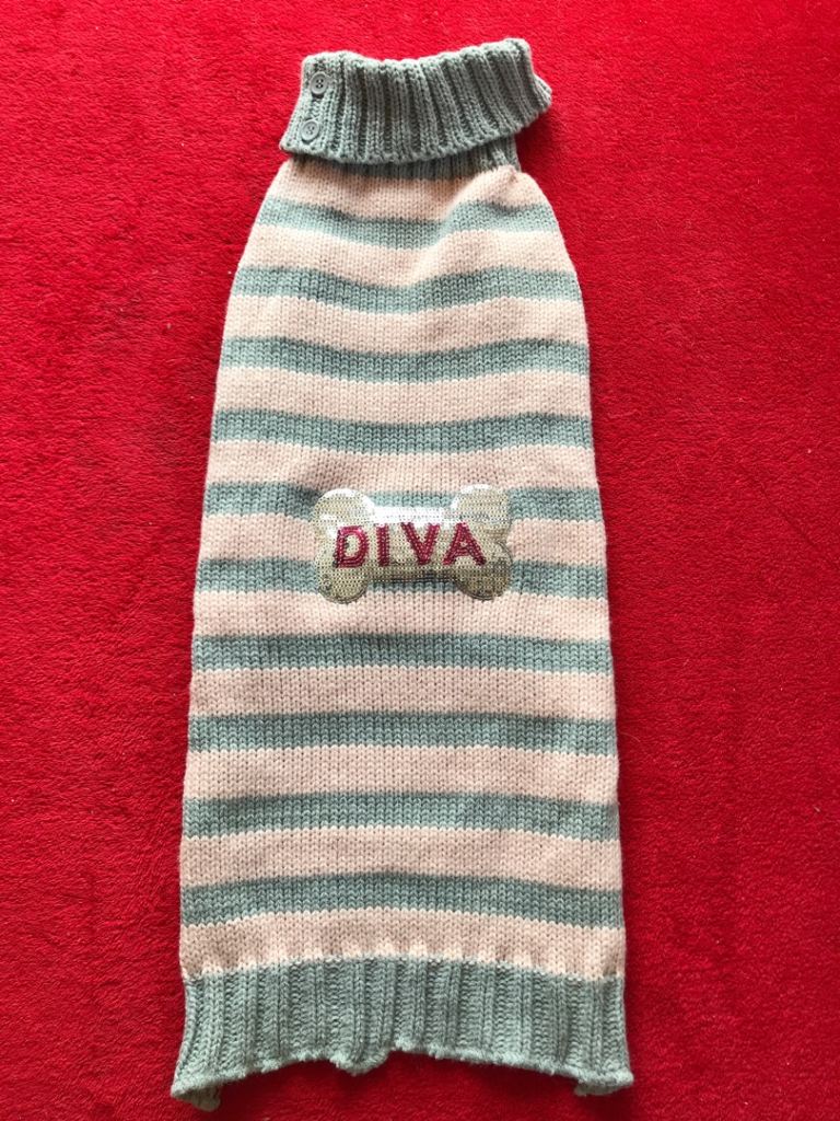 Lovely Knitted Dog Jumper - Pink & Blue Stripes, 'Diva' Applique