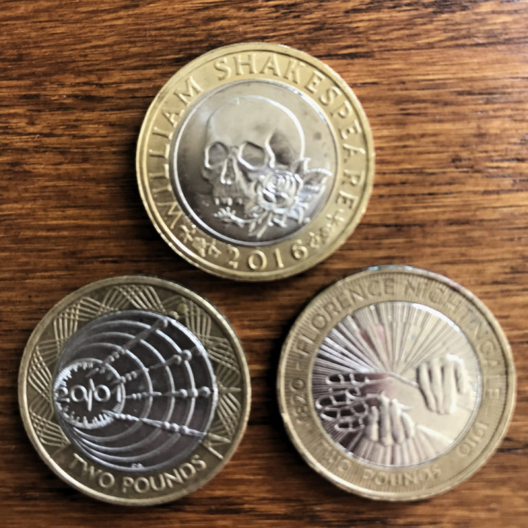 £2 coins, circulated: Florence Nightingale, Shakespeare's Tragedies & Marconi. £ various each.