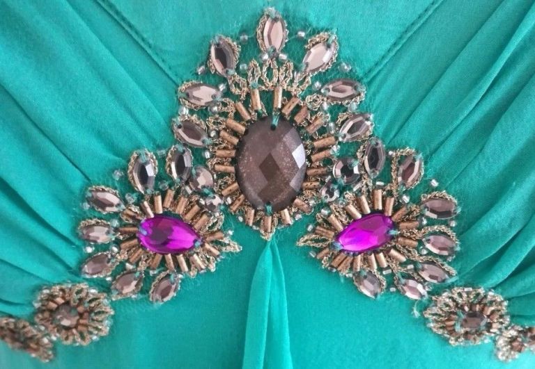 MONSOON DRESS Pure Silk 100% Boho Jade Turquoise Green Gold Bead Design Size 10 Wedding