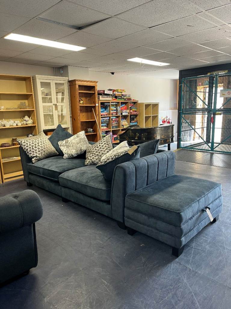 Blue/Silver 4 Seater Sofa & Pouffe Set TCL Reuse 107024