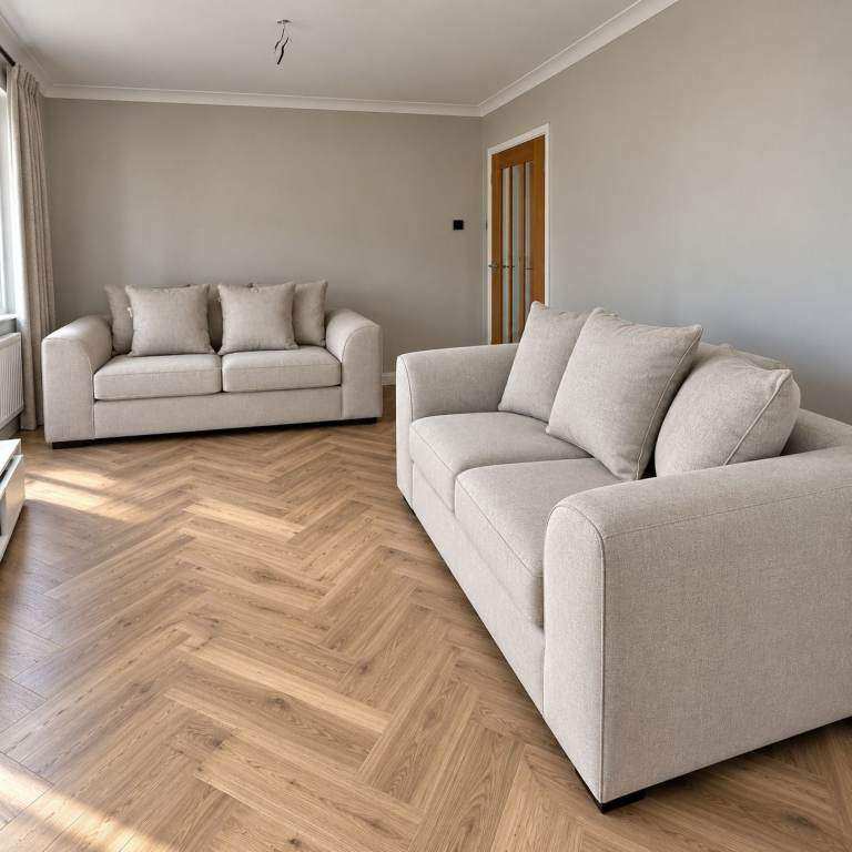 Pair of Beige Fabric Two-Seater Sofas – new