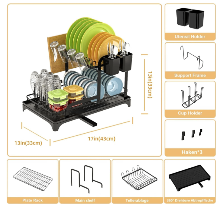 Large Capacity Dish Drainer 2-Tier Dish Drying Holder 