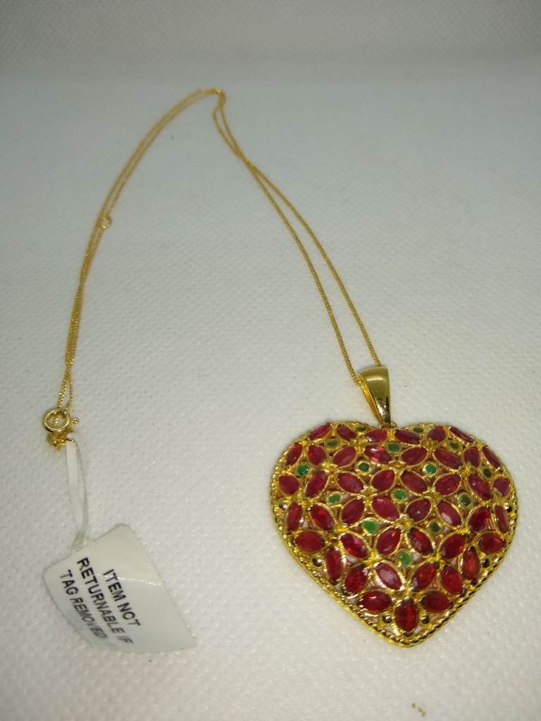 NEW P159 African ruby, Kagem Zambian emerald pendant with chain in 14K gold overlay .....