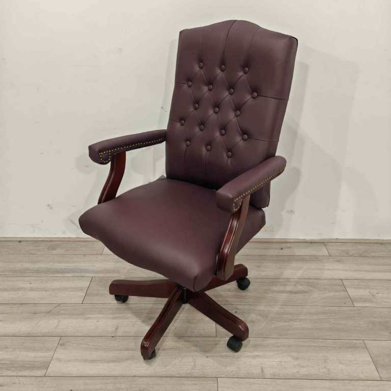 BOXED Executive Operator Chair, Adjustable, Burgundy Leather, Walnut Swivel Base