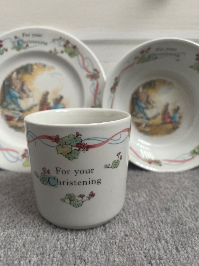 Beatrix Potter Peter Rabbit Christening plate, bowl and mug set 