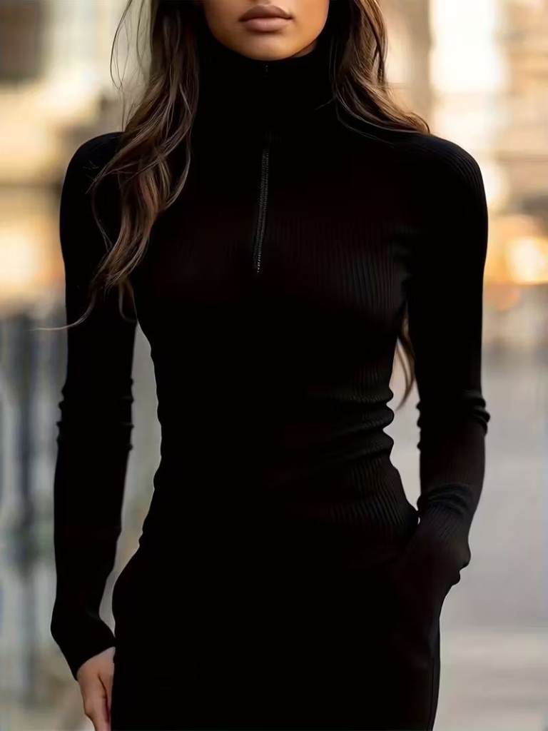 image for Black Ribbed Short Zip Slim Fit Rollneck Turtleneck Top Sweater Jumper-Size 16.POST OR COLLECT!