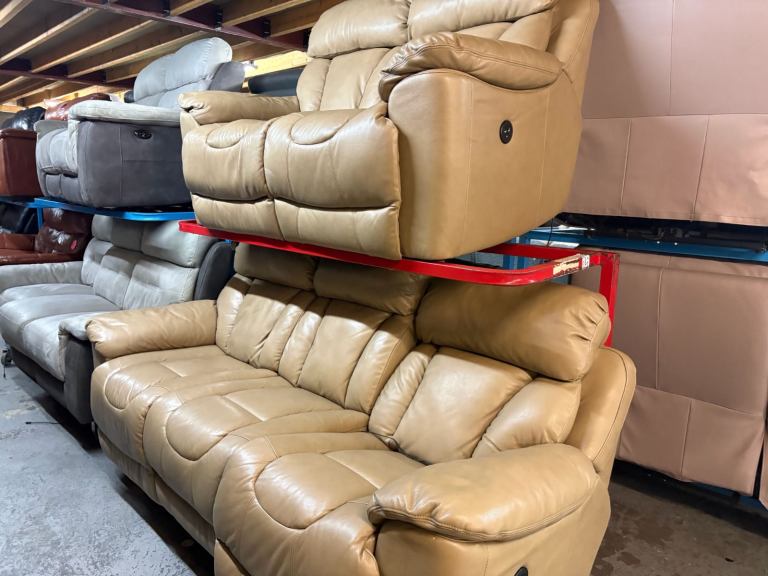 Dfs Supreme Full Leather Beige 3 and 2 Seater Electric Recliner Sofas