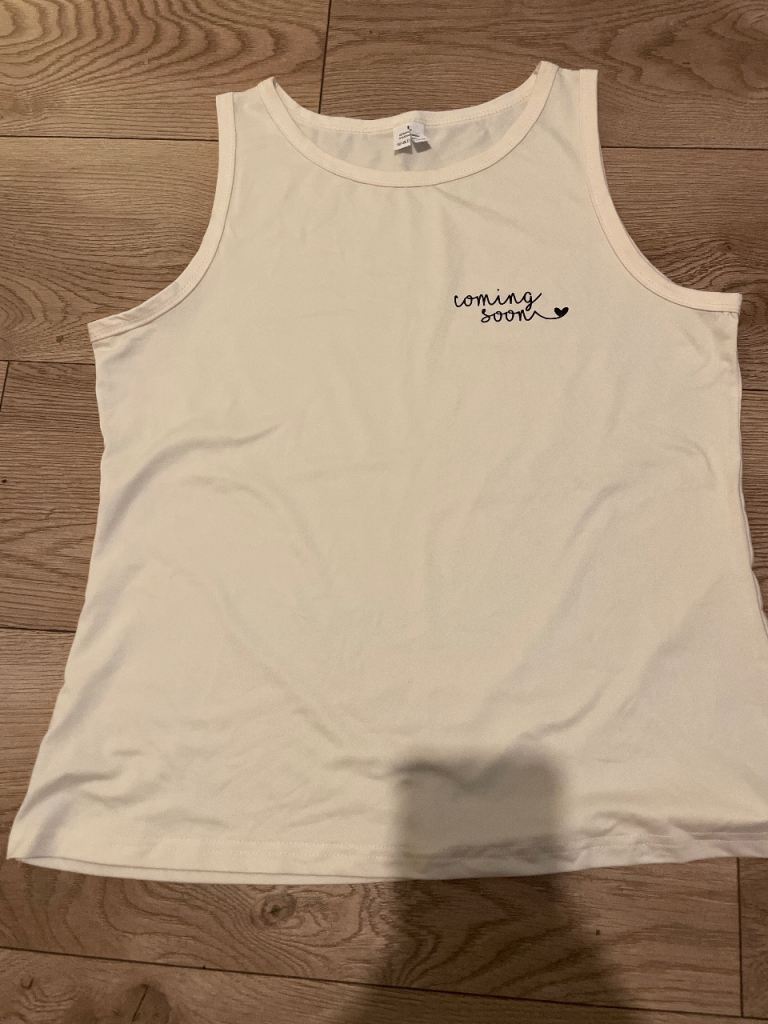 White Maternity Vest Top - 'Coming Soon' Print, As Good As New