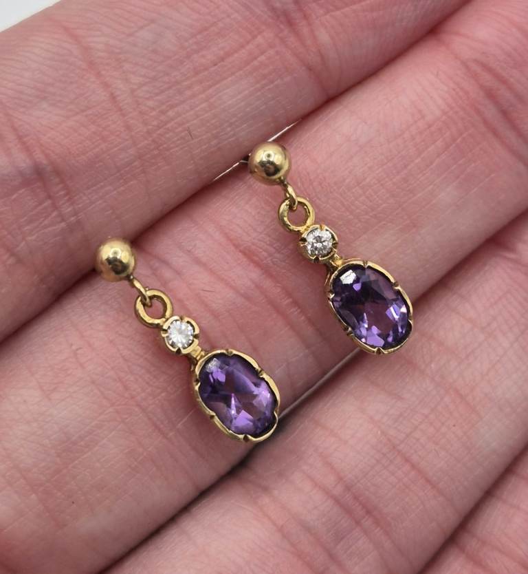 9ct yellow gold, amethyst & diamond earrings